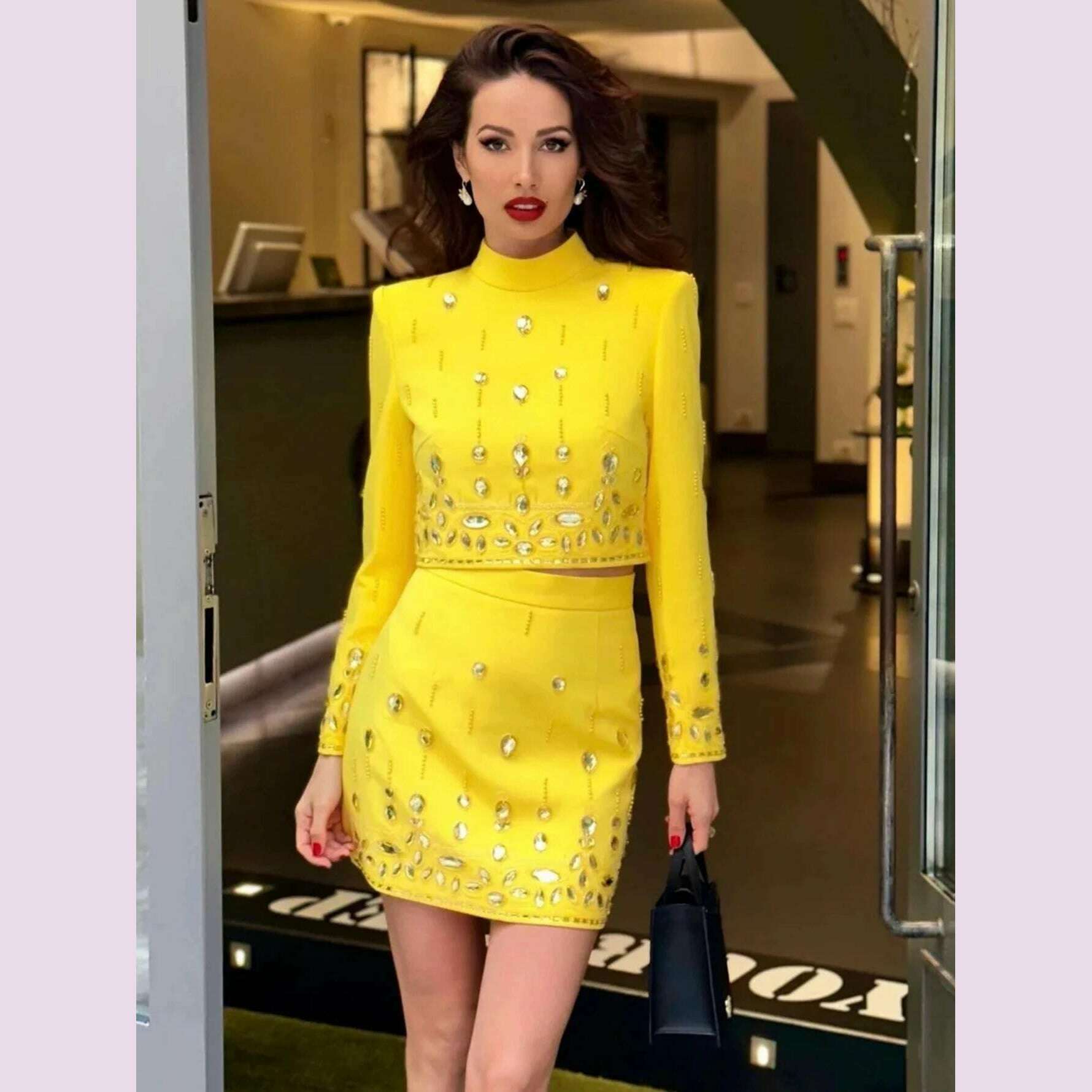 KIMLUD, High Quality  New Fashion Women's Heavy Industry Crystal Beads Slim Fit Yellow Set Sexy Short Top+Dress Party 2 Two Piece Set, KIMLUD Womens Clothes