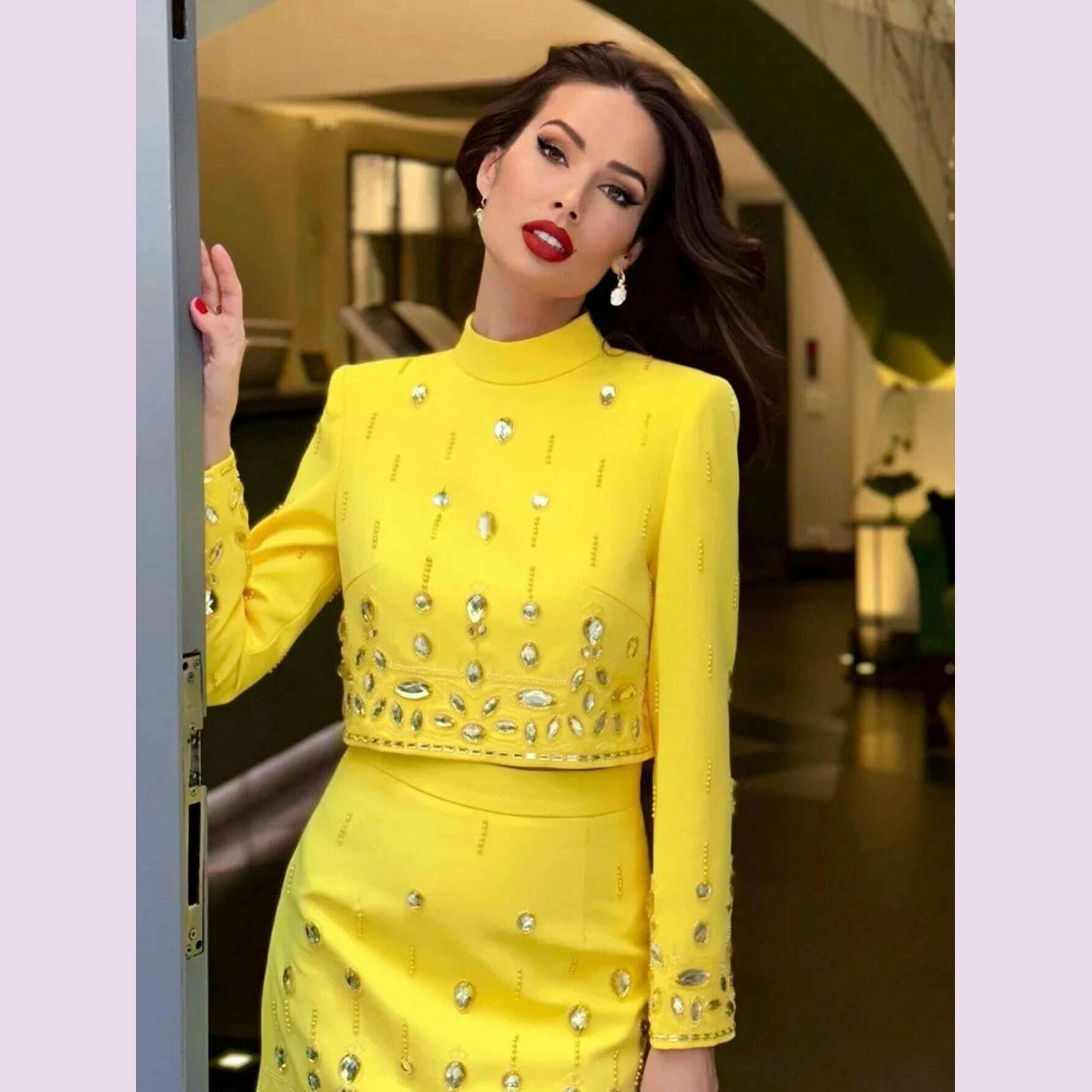 KIMLUD, High Quality  New Fashion Women's Heavy Industry Crystal Beads Slim Fit Yellow Set Sexy Short Top+Dress Party 2 Two Piece Set, KIMLUD Womens Clothes