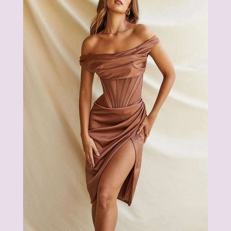 KIMLUD, High Quality Satin Bodycon Dress Elegant Women Party Dress 2021 Red Off The Shoulder Sexy Dress Celebrity Evening Night Dresses, KIMLUD Womens Clothes