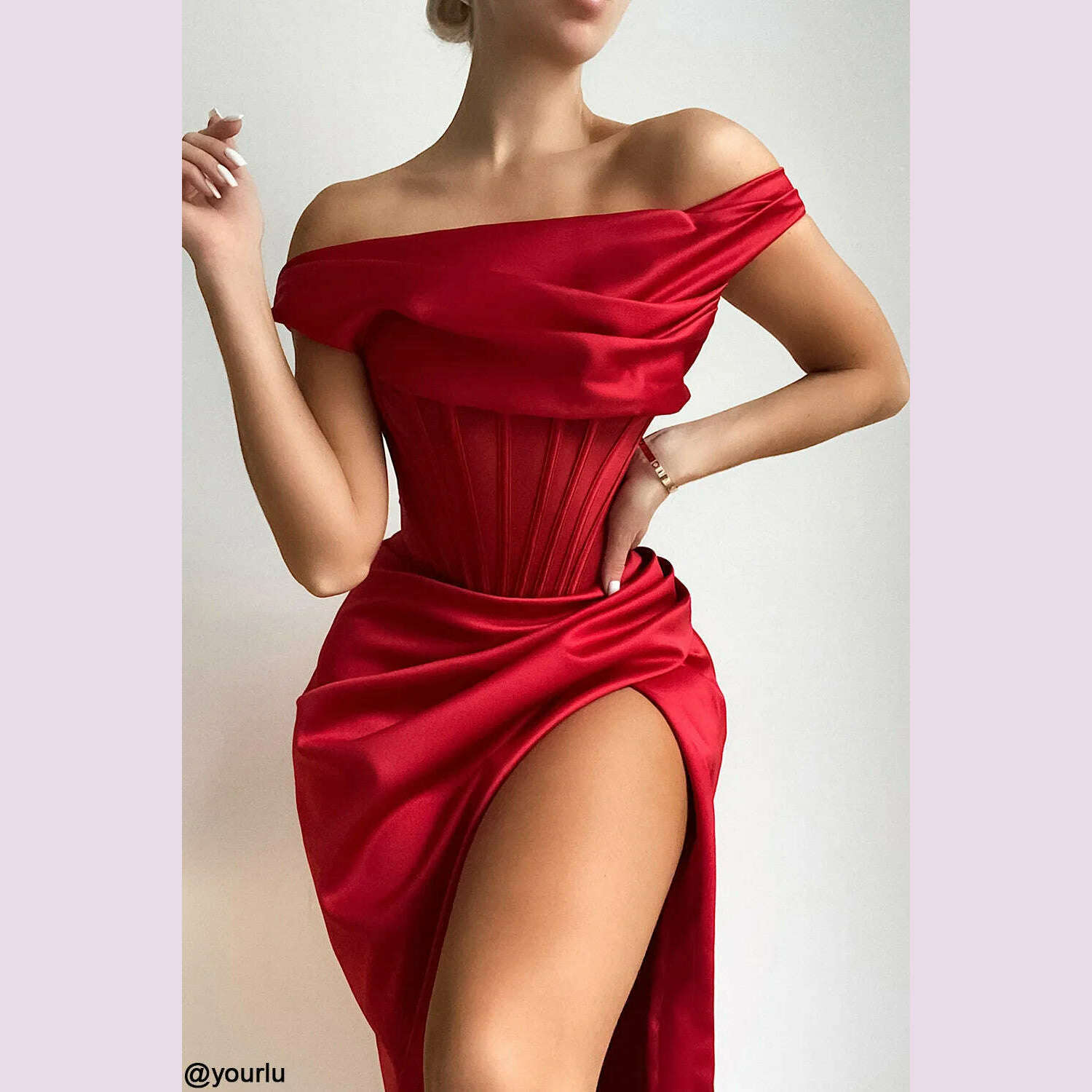 KIMLUD, High Quality Satin Bodycon Dress Elegant Women Party Dress 2021 Red Off The Shoulder Sexy Dress Celebrity Evening Night Dresses, KIMLUD Womens Clothes