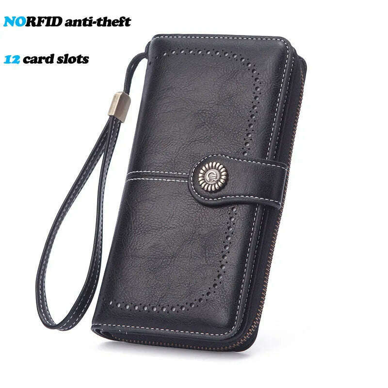 KIMLUD, High Quality Women Wallet RFID Anti-theft Leather Wallets For Woman Long Zipper Large Ladies Clutch Bag Female Purse Card Holder, Black-2, KIMLUD APPAREL - Womens Clothes