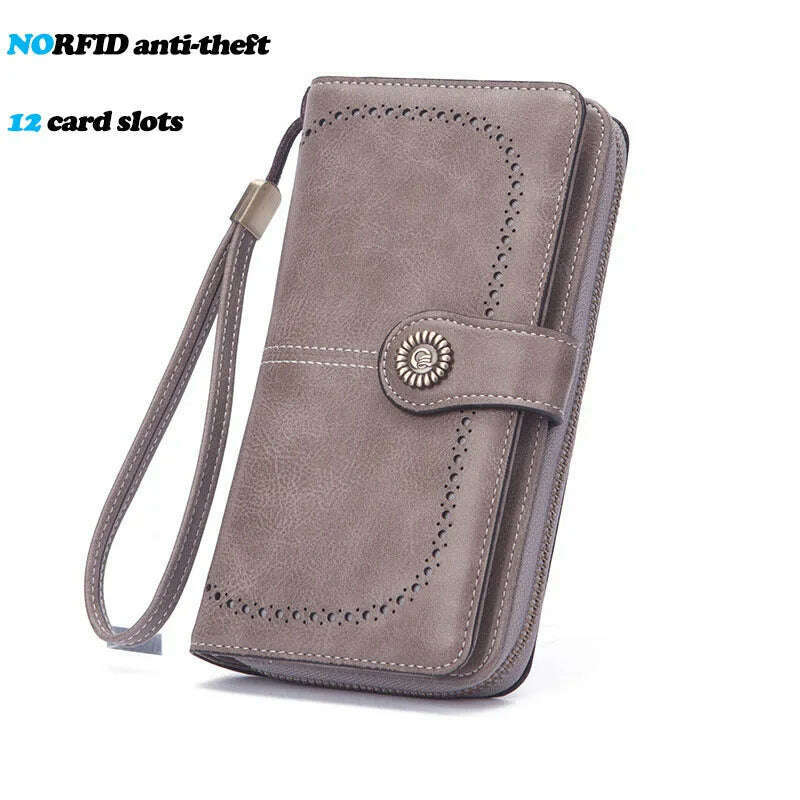 KIMLUD, High Quality Women Wallet RFID Anti-theft Leather Wallets For Woman Long Zipper Large Ladies Clutch Bag Female Purse Card Holder, Gray-2, KIMLUD APPAREL - Womens Clothes