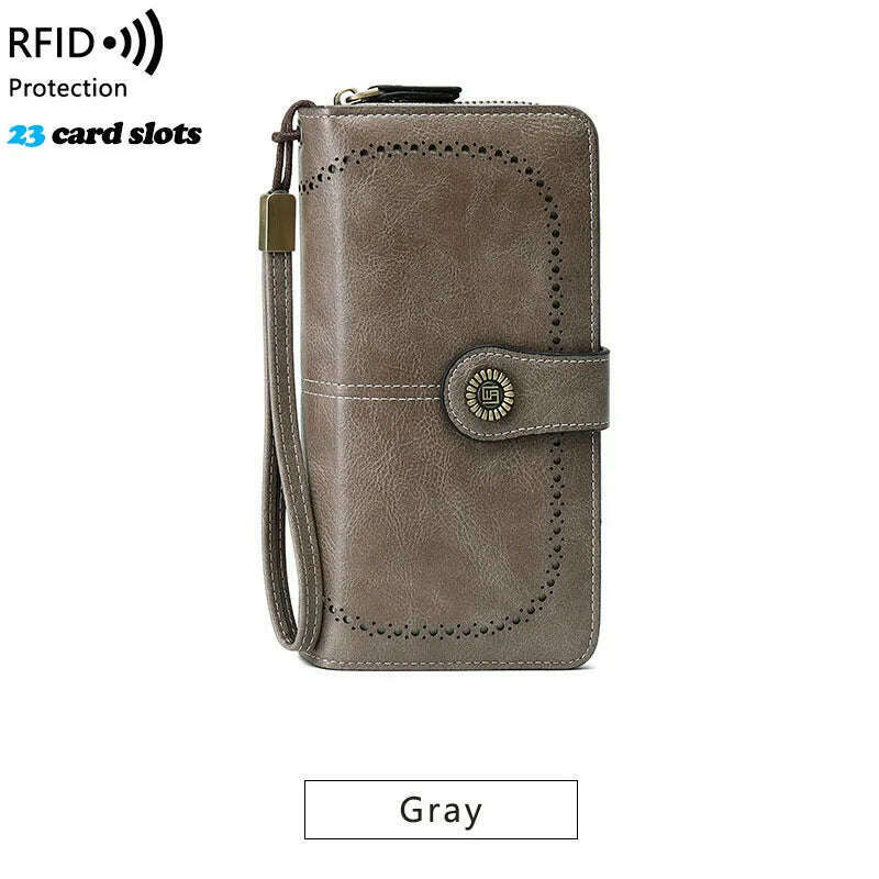 KIMLUD, High Quality Women Wallet RFID Anti-theft Leather Wallets For Woman Long Zipper Large Ladies Clutch Bag Female Purse Card Holder, Gray-1, KIMLUD APPAREL - Womens Clothes