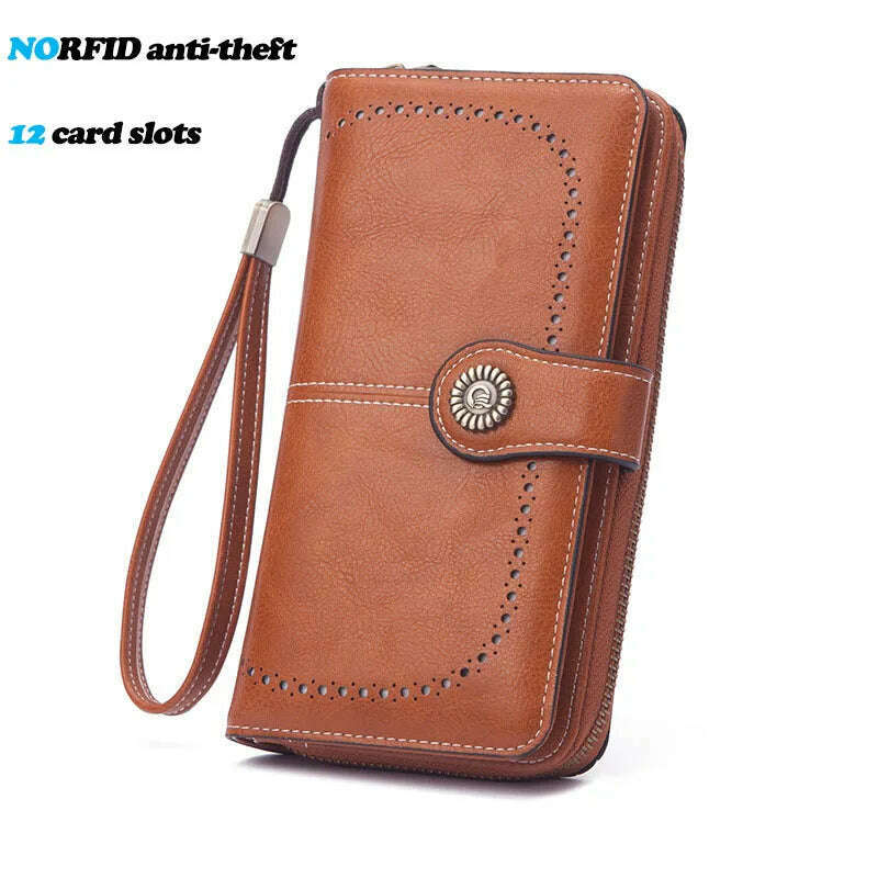 KIMLUD, High Quality Women Wallet RFID Anti-theft Leather Wallets For Woman Long Zipper Large Ladies Clutch Bag Female Purse Card Holder, Brown-2, KIMLUD APPAREL - Womens Clothes