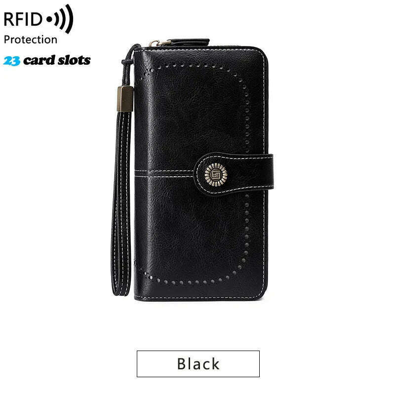 KIMLUD, High Quality Women Wallet RFID Anti-theft Leather Wallets For Woman Long Zipper Large Ladies Clutch Bag Female Purse Card Holder, Black-1, KIMLUD APPAREL - Womens Clothes