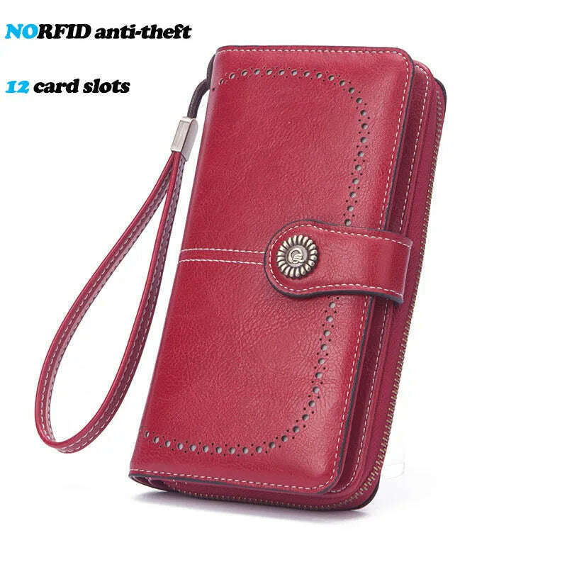 KIMLUD, High Quality Women Wallet RFID Anti-theft Leather Wallets For Woman Long Zipper Large Ladies Clutch Bag Female Purse Card Holder, Red-2, KIMLUD APPAREL - Womens Clothes