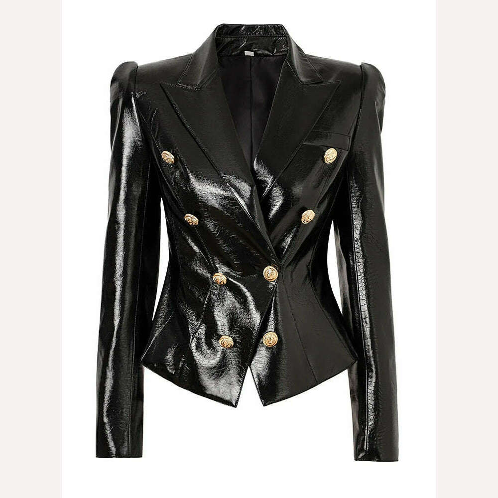 KIMLUD, HIGH STREET 2024 Classic Baroque Designer Jacket Women's Metal Lion Buttons Double Breasted  Artificial Leather  Blazer, KIMLUD Womens Clothes