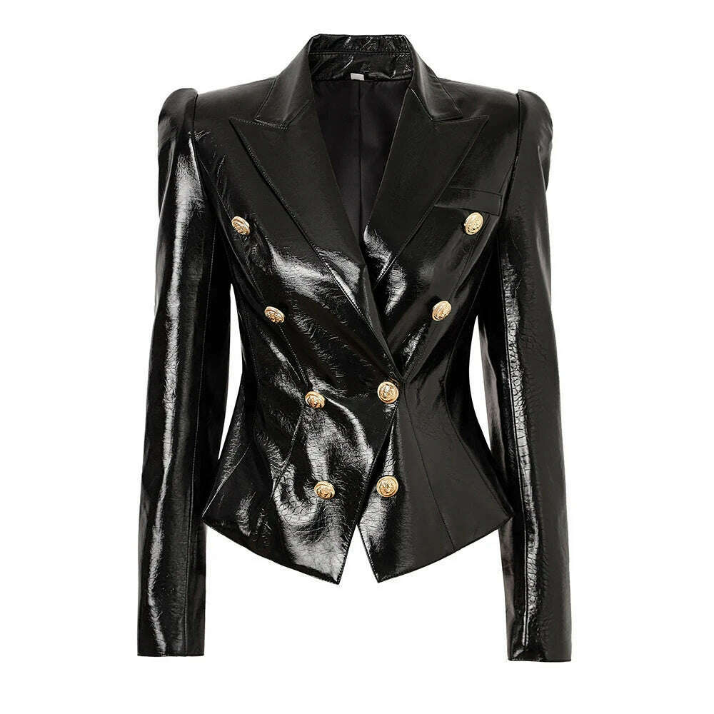 HIGH STREET 2024 Classic Baroque Designer Jacket Women's Metal Lion Buttons Double Breasted Artificial Leather Blazer - KIMLUD