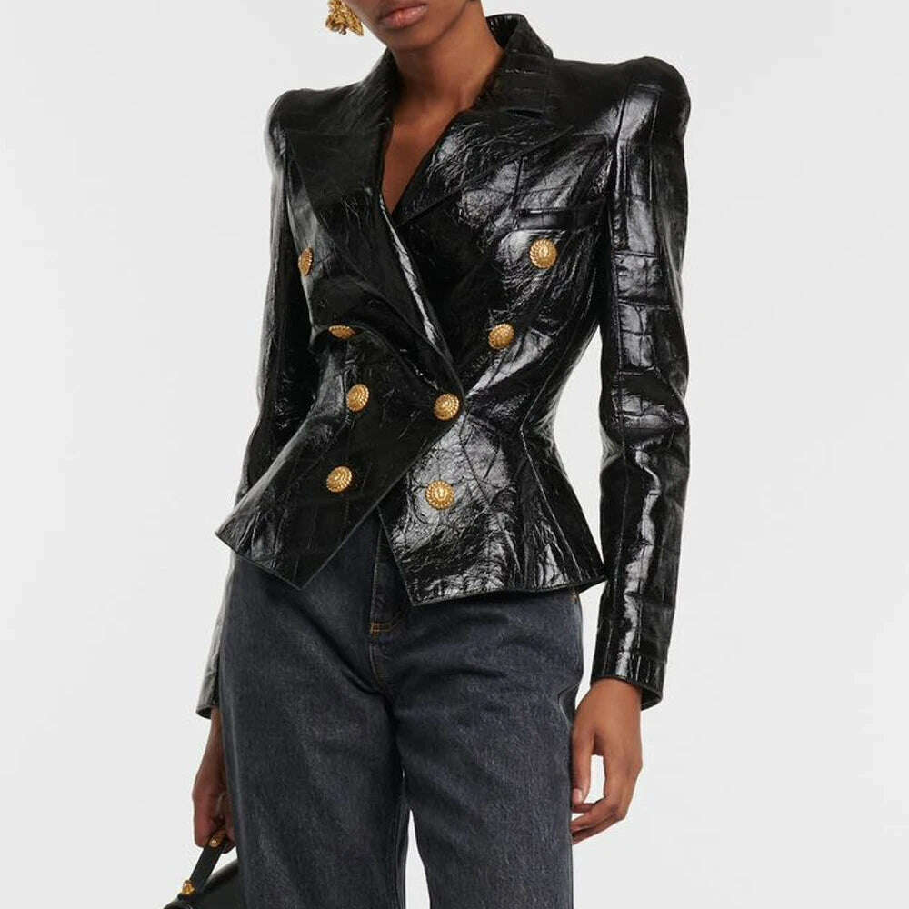 HIGH STREET 2024 Classic Baroque Designer Jacket Women's Metal Lion Buttons Double Breasted Artificial Leather Blazer - KIMLUD