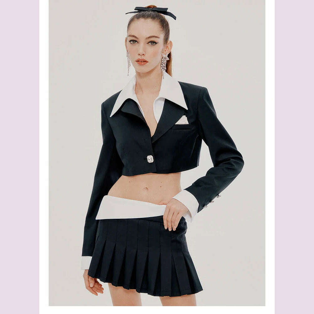 KIMLUD, HIGH STREET 2024 Newest Fashion Stylish Designer Suit Set Women Color Block Lapel Blazer Crop Jacket Mini Skirt Suit, KIMLUD Womens Clothes