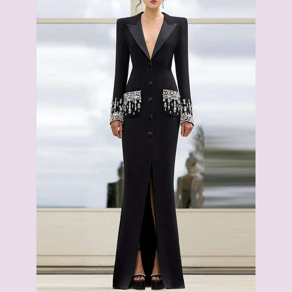 KIMLUD, HIGH STREET Newest 2024 Designer Fashion Women's Long Sleeve Notched Collar Rhinestone Diamonds Beading Maxi Long Dress, KIMLUD Womens Clothes