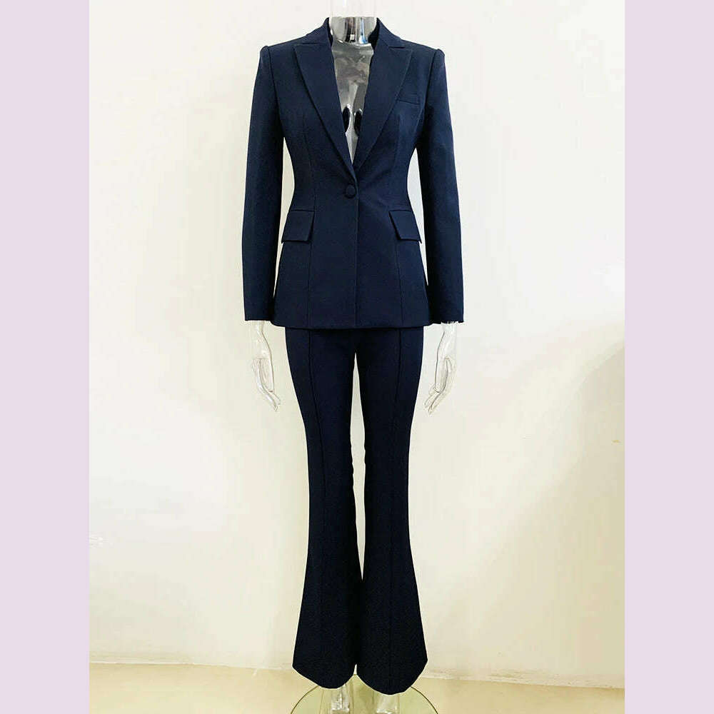 KIMLUD, HIGH STREET Newest 2024 Spring Designer Career Fashion Suit Set Women's Single Button Slim Fit Blazer Flare Pants Suit Two Pcs, KIMLUD Womens Clothes