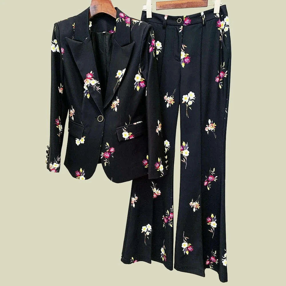 KIMLUD, HIGH STREET Newest Fashion 2023 Designer Suit Set Women's Elegant Floral Printed Single Button Blazer Flare Pants Suit 2pcs, KIMLUD Womens Clothes