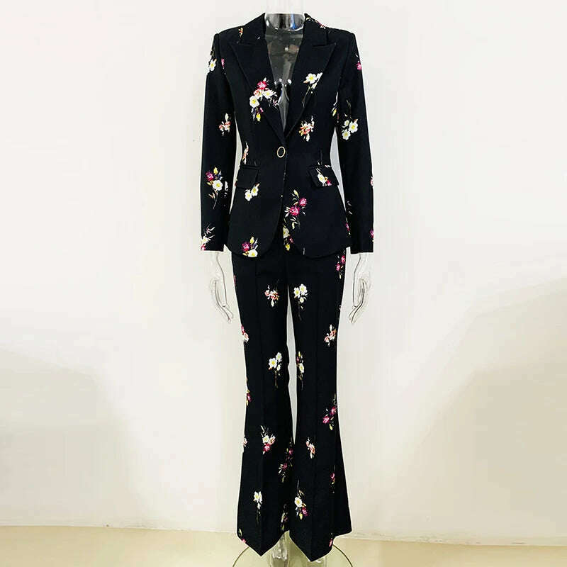 KIMLUD, HIGH STREET Newest Fashion 2023 Designer Suit Set Women's Elegant Floral Printed Single Button Blazer Flare Pants Suit 2pcs, KIMLUD Womens Clothes