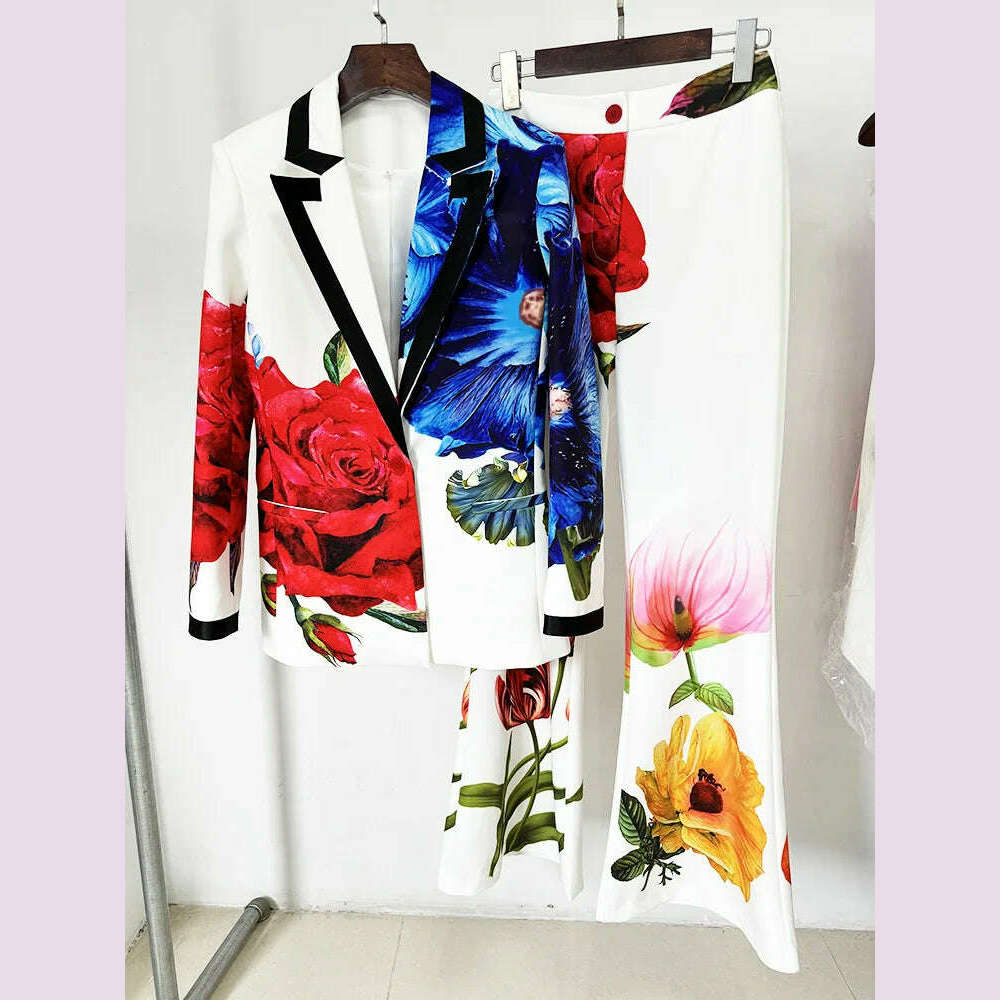 KIMLUD, HIGH STREET Newest Fashion 2024 Designer Suit Set Women's Single Button Gorgeous Floral Printed Blazer Suit Pants Set, WHITE / S, KIMLUD APPAREL - Womens Clothes