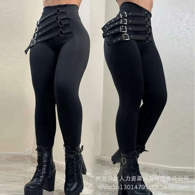 KIMLUD, High Waist Buckled Skinny Pants Women Belt Spring Summer Slim Pencil Pants Solid Color Fashion Casual Sexy, Black / S, KIMLUD APPAREL - Womens Clothes