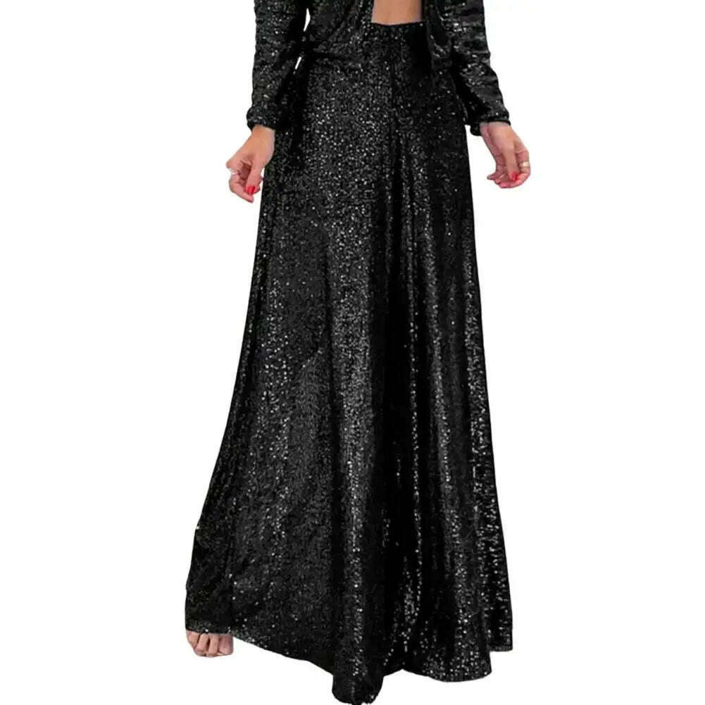 KIMLUD, High Waist Elastic Waistband Straight Full Length Women Pants Club Night Sequins Loose Wide Leg Pants, black / S, KIMLUD APPAREL - Womens Clothes