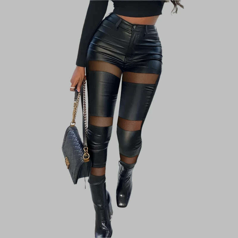 High Waist PU Leather Skinny Pants Women Contrast Lace Spring Women 2024 Mesh Long Pencil Sheath Pants Straight Trousers Work - KIMLUD