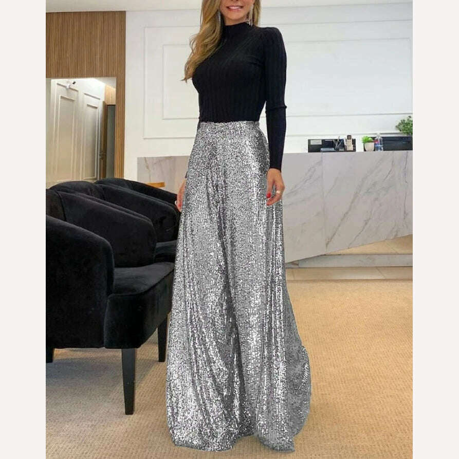 KIMLUD, High Waist Sequin Flared Wide leg Pants All-Match new fashion yk2 Women&#39;s Clothing, B / S, KIMLUD APPAREL - Womens Clothes