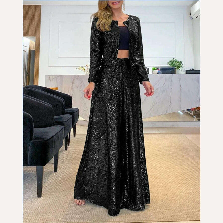 KIMLUD, High Waist Sequin Flared Wide leg Pants All-Match new fashion yk2 Women&#39;s Clothing, D / S, KIMLUD APPAREL - Womens Clothes