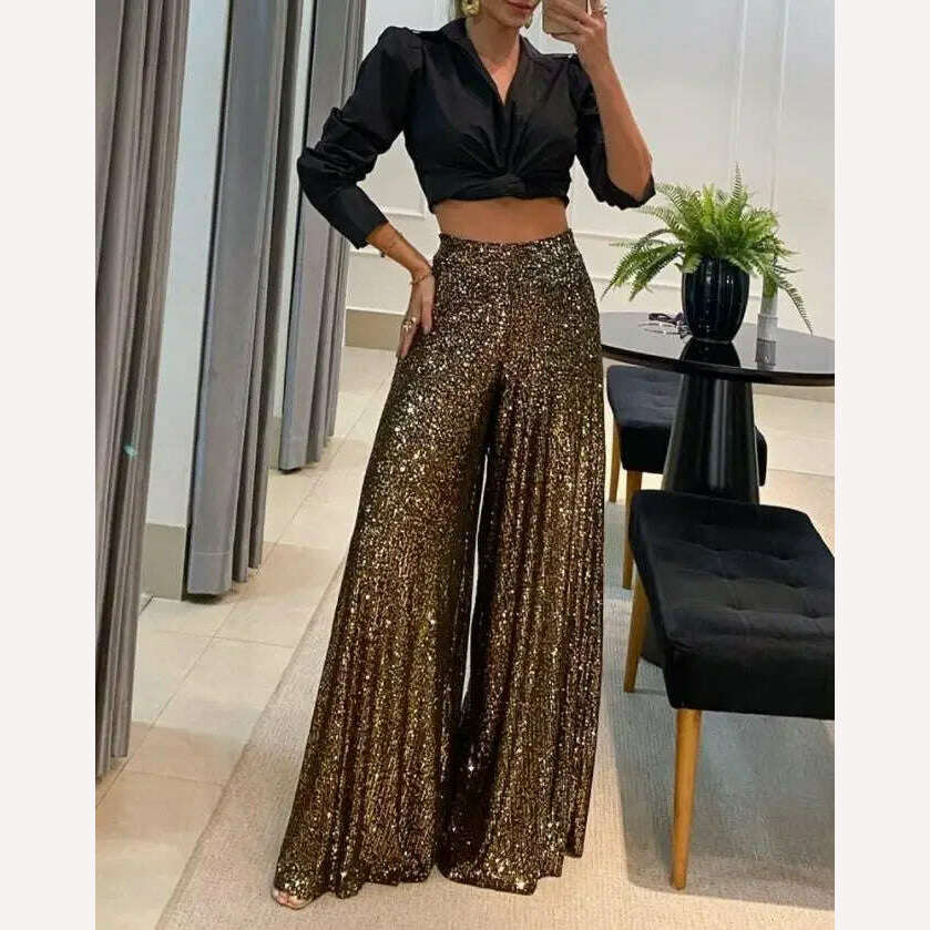 KIMLUD, High Waist Sequin Flared Wide leg Pants All-Match new fashion yk2 Women&#39;s Clothing, A / S, KIMLUD APPAREL - Womens Clothes