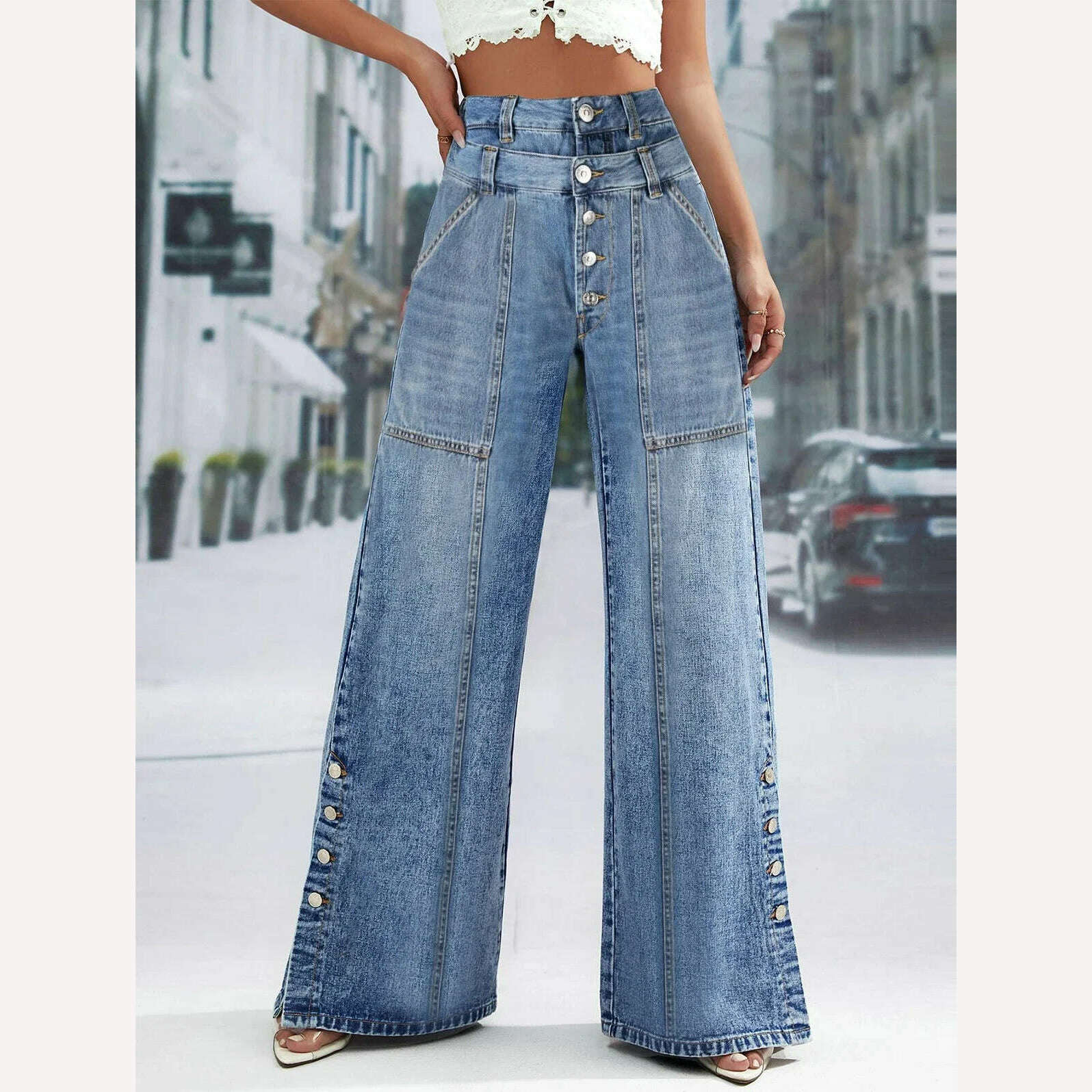 KIMLUD, High Waist Wide Leg Jeans Women Fashion High Waist Button Wide Leg Long Pants Loose Slimming Straight Trendy Long Pants, Light Blue / XXXL / CHINA, KIMLUD APPAREL - Womens Clothes