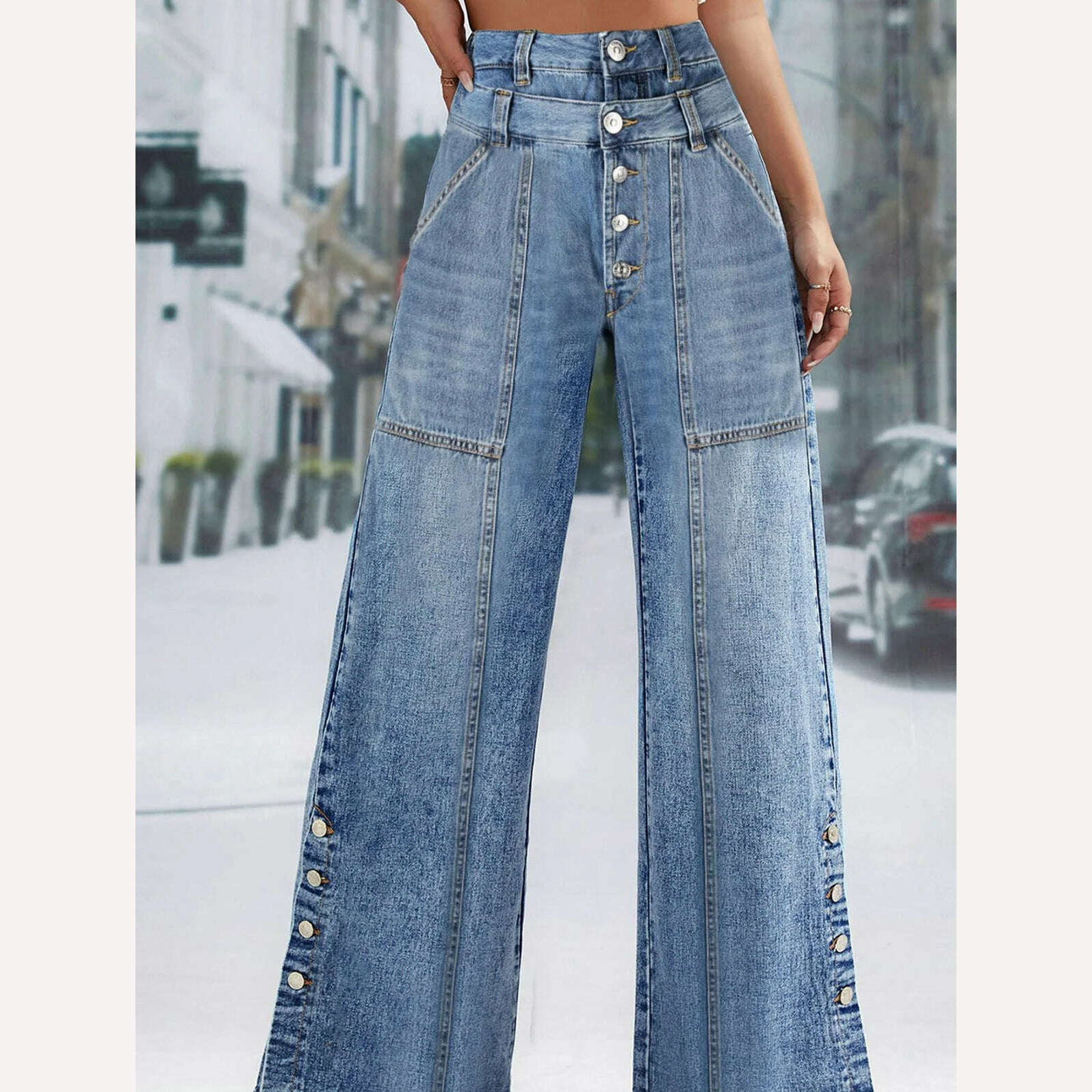 KIMLUD, High Waist Wide Leg Jeans Women Fashion High Waist Button Wide Leg Long Pants Loose Slimming Straight Trendy Long Pants, KIMLUD Womens Clothes