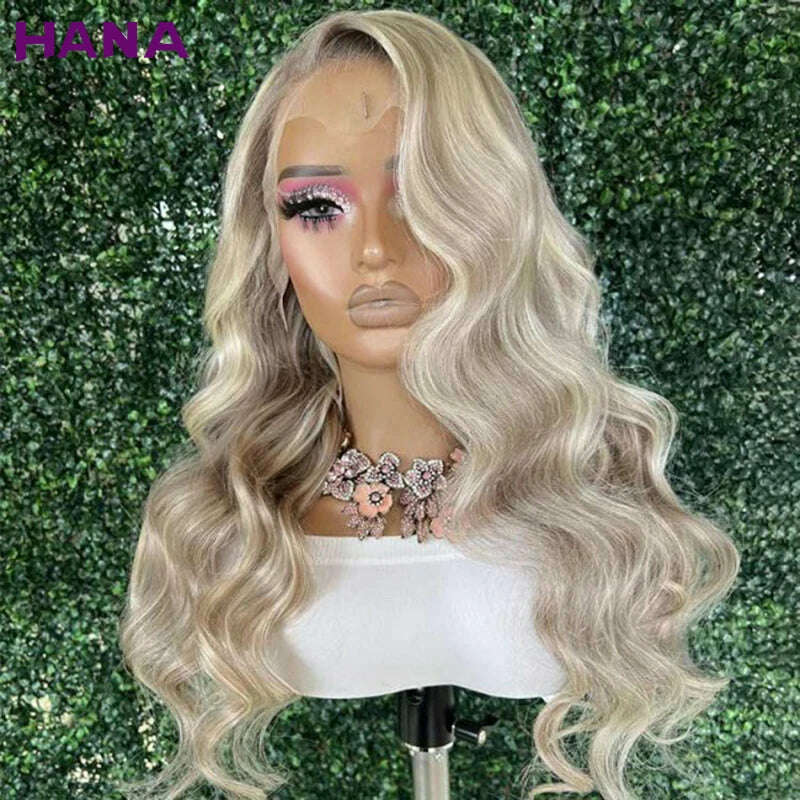 KIMLUD, Highlight Ash Blonde Colored HD Lace Front Wig Bleached Knots Glueless 4X6 Lace Closure Wig Pre Plucked Human Hair Wig For Women, KIMLUD Womens Clothes