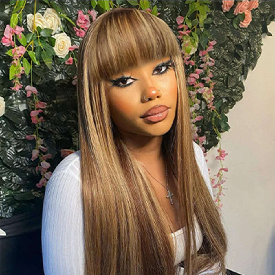 KIMLUD, Highlight Machine Made Wigs With Bangs Bone Straight Wig Human Hair Burgundy 99j Honey Blonde Colored Human Hair Wigs For Women, KIMLUD Womens Clothes