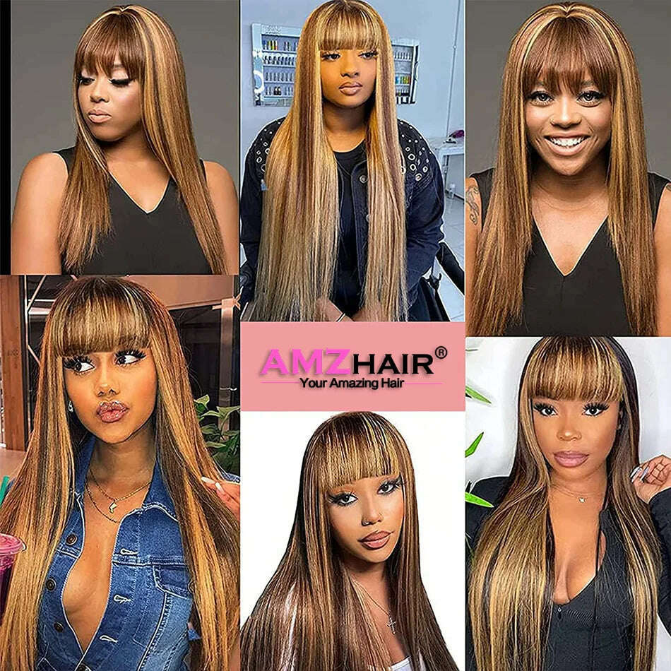 KIMLUD, Highlight Machine Made Wigs With Bangs Bone Straight Wig Human Hair Burgundy 99j Honey Blonde Colored Human Hair Wigs For Women, KIMLUD Womens Clothes