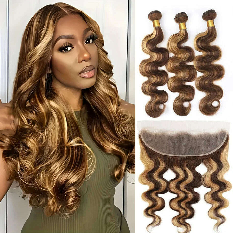 KIMLUD, Highlighted Body Wave Bundles With Frontal P4/27 Piano Color Remy Double Weft Brazilian Human Hair Bundle With 13x4 Lace Frontal, 13x4 / CHINA / 16 18 Closure 16, KIMLUD APPAREL - Womens Clothes