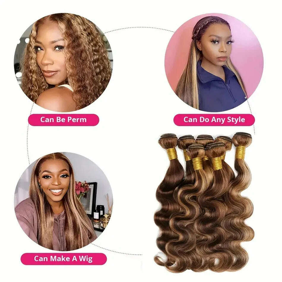 KIMLUD, Highlighted Body Wave Bundles With Frontal P4/27 Piano Color Remy Double Weft Brazilian Human Hair Bundle With 13x4 Lace Frontal, KIMLUD Womens Clothes