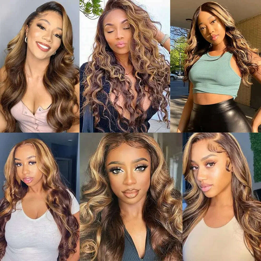 KIMLUD, Highlighted Body Wave Bundles With Frontal P4/27 Piano Color Remy Double Weft Brazilian Human Hair Bundle With 13x4 Lace Frontal, KIMLUD Womens Clothes