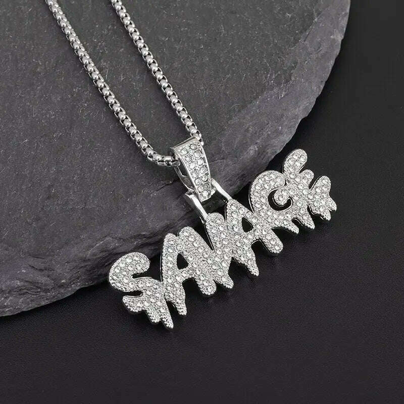 Hip Hop Ice Out Alphabet Savage Pendant Necklace Cool Men Women Hip Hop Rock Rap Jewelry Gifts - KIMLUD