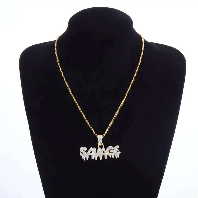 Hip Hop Ice Out Alphabet Savage Pendant Necklace Cool Men Women Hip Hop Rock Rap Jewelry Gifts - KIMLUD