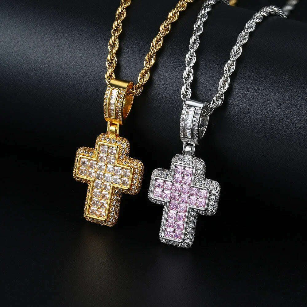 KIMLUD, Hip Hop Iced Out AAA+ Cubic Zirconia Cross Pendant Necklace Rope Stainless Steel Chain on Neck Men Male Punk Rock Jewelry OHP155, KIMLUD Womens Clothes