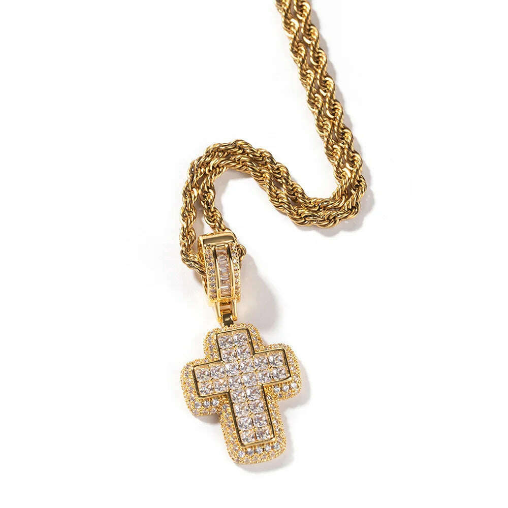 KIMLUD, Hip Hop Iced Out AAA+ Cubic Zirconia Cross Pendant Necklace Rope Stainless Steel Chain on Neck Men Male Punk Rock Jewelry OHP155, KIMLUD Womens Clothes