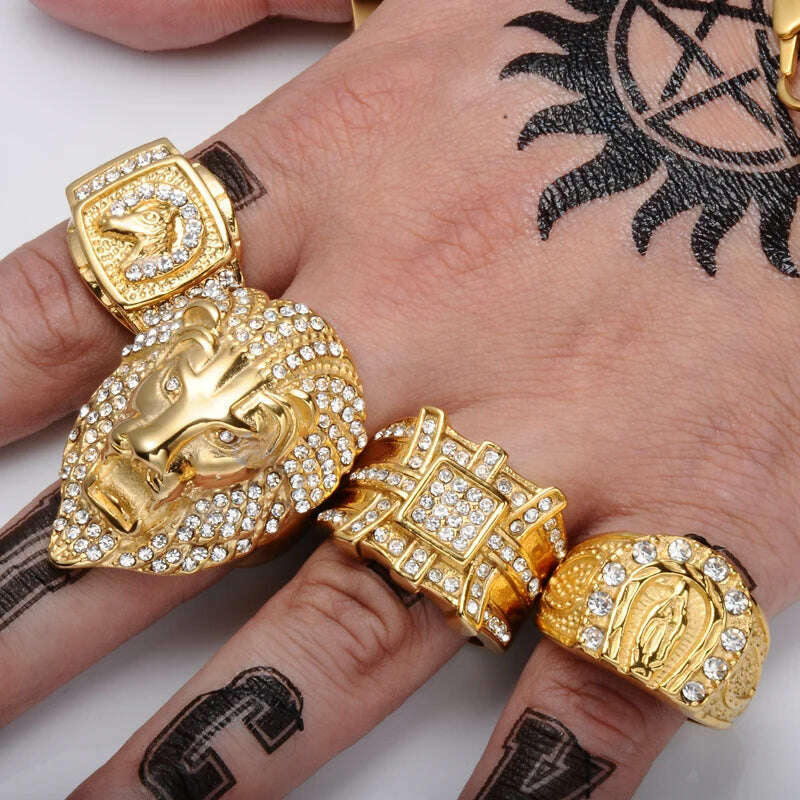 HIP Hop Lion Head Micro Pave Rhinestone Iced Out Bling Mens Ring IP Gold Plated Titanium Stainless Steel Rings for Men Jewelry - KIMLUD