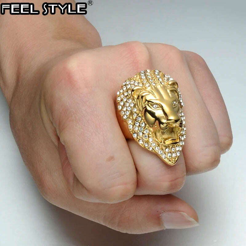 HIP Hop Lion Head Micro Pave Rhinestone Iced Out Bling Mens Ring IP Gold Plated Titanium Stainless Steel Rings for Men Jewelry - KIMLUD