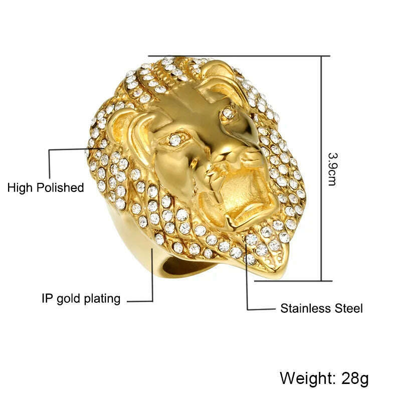 HIP Hop Lion Head Micro Pave Rhinestone Iced Out Bling Mens Ring IP Gold Plated Titanium Stainless Steel Rings for Men Jewelry - KIMLUD