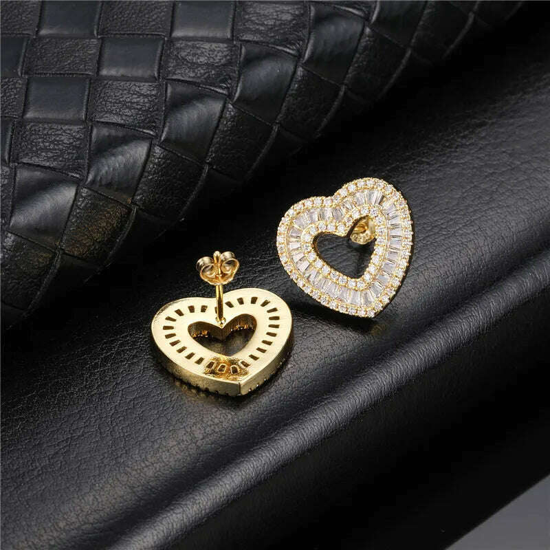 KIMLUD, Hip Micro 1Pair Heart Shape Pave Baguette Cubic Zircon Stone Ice out Stud CZ Earring Bling Copper Earrings For Women Men Jewelry, E00281G / China, KIMLUD APPAREL - Womens Clothes