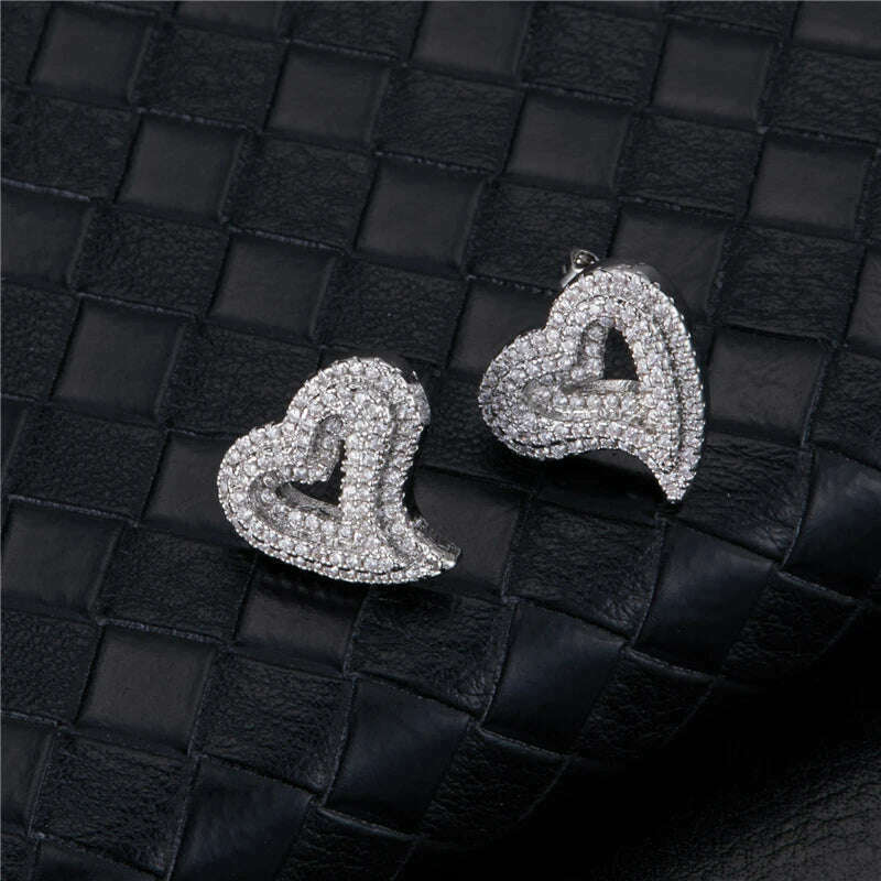 KIMLUD, Hip Micro 1Pair Heart Shape Pave Baguette Cubic Zircon Stone Ice out Stud CZ Earring Bling Copper Earrings For Women Men Jewelry, Silver 1 / China, KIMLUD APPAREL - Womens Clothes