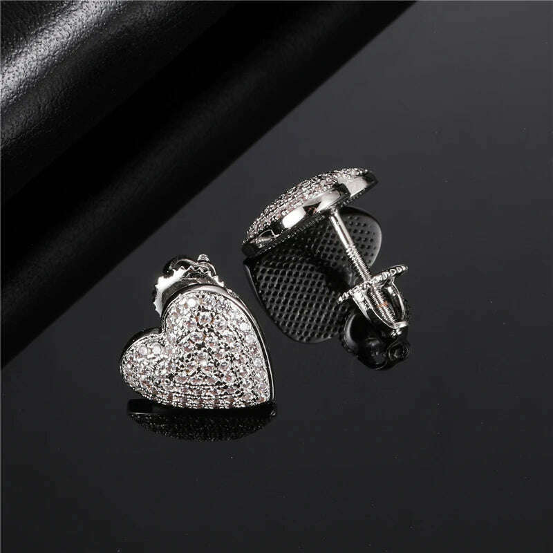 KIMLUD, Hip Micro 1Pair Heart Shape Pave Baguette Cubic Zircon Stone Ice out Stud CZ Earring Bling Copper Earrings For Women Men Jewelry, Silver / China, KIMLUD APPAREL - Womens Clothes