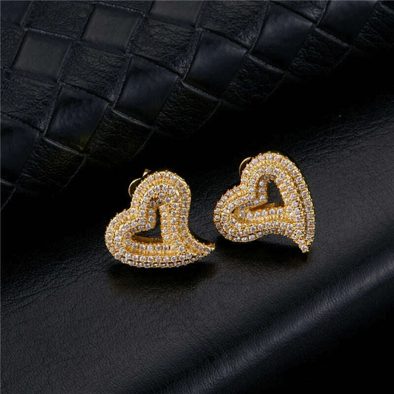 KIMLUD, Hip Micro 1Pair Heart Shape Pave Baguette Cubic Zircon Stone Ice out Stud CZ Earring Bling Copper Earrings For Women Men Jewelry, Gold 1 / China, KIMLUD APPAREL - Womens Clothes