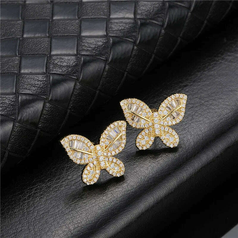 KIMLUD, Hip Micro 1Pair Heart Shape Pave Baguette Cubic Zircon Stone Ice out Stud CZ Earring Bling Copper Earrings For Women Men Jewelry, E00279G / China, KIMLUD APPAREL - Womens Clothes