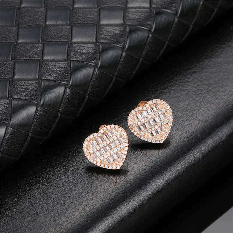 KIMLUD, Hip Micro 1Pair Heart Shape Pave Baguette Cubic Zircon Stone Ice out Stud CZ Earring Bling Copper Earrings For Women Men Jewelry, E00282R / China, KIMLUD APPAREL - Womens Clothes