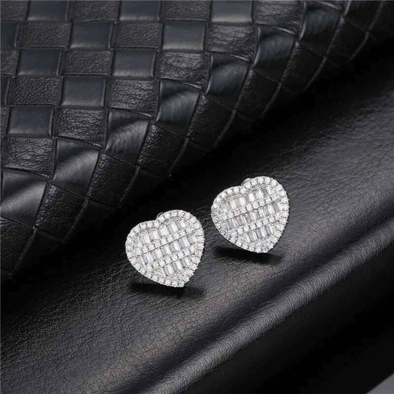 KIMLUD, Hip Micro 1Pair Heart Shape Pave Baguette Cubic Zircon Stone Ice out Stud CZ Earring Bling Copper Earrings For Women Men Jewelry, E00282S / China, KIMLUD APPAREL - Womens Clothes