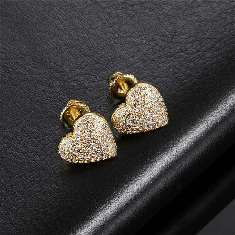 KIMLUD, Hip Micro 1Pair Heart Shape Pave Baguette Cubic Zircon Stone Ice out Stud CZ Earring Bling Copper Earrings For Women Men Jewelry, Gold / China, KIMLUD APPAREL - Womens Clothes