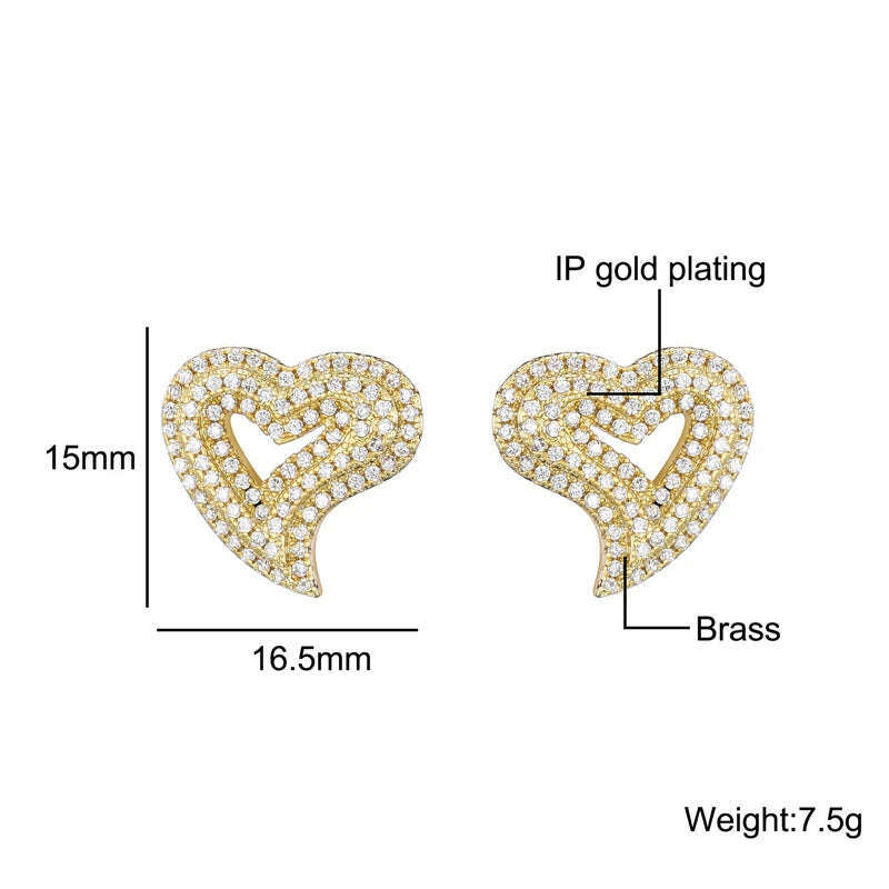 KIMLUD, Hip Micro 1Pair Heart Shape Pave Baguette Cubic Zircon Stone Ice out Stud CZ Earring Bling Copper Earrings For Women Men Jewelry, KIMLUD Womens Clothes