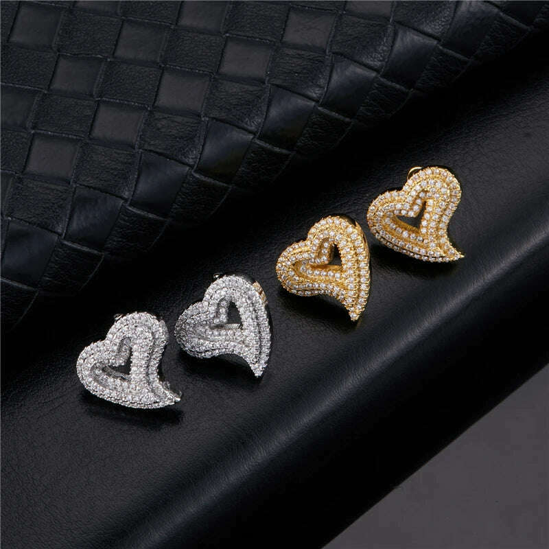 KIMLUD, Hip Micro 1Pair Heart Shape Pave Baguette Cubic Zircon Stone Ice out Stud CZ Earring Bling Copper Earrings For Women Men Jewelry, KIMLUD Womens Clothes